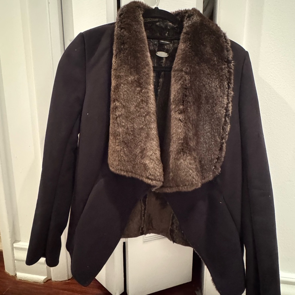 Scoop NYC Black Jacket with Brown Faux Shearling Lining and Collar